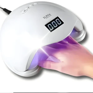Lámpara secador de uñas UV LED 48W blanca con mano dentro y pantalla digital 000.
