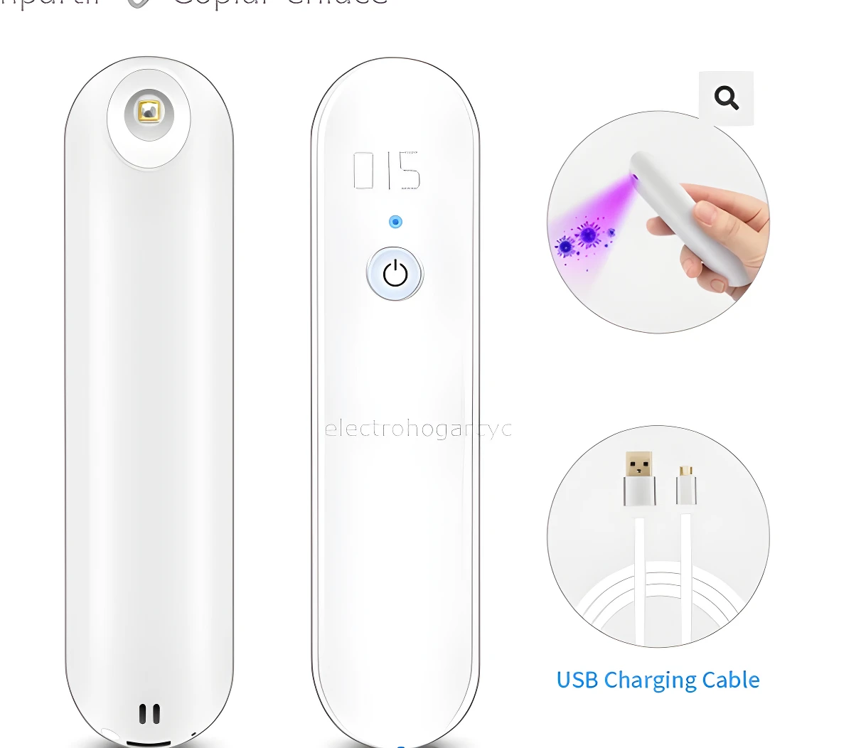 Lámparas esterilizadoras UV portátiles blancas, muestran pantalla digital y luz violeta desinfectando bacterias, incluyen cable de carga.