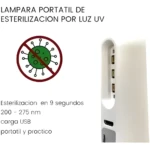 Lámpara esterilizadora UV portátil blanca, con símbolo de virus tachado, carga USB y luz de 200-275 nm.