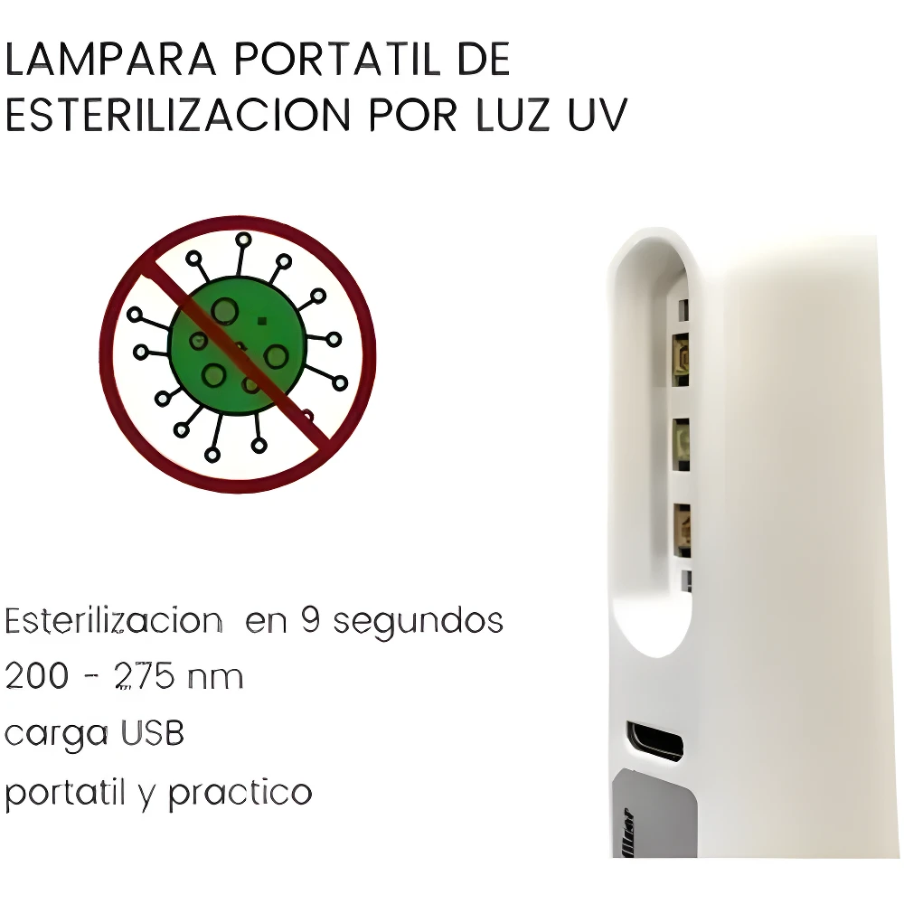 Lámpara esterilizadora UV portátil blanca, con símbolo de virus tachado, carga USB y luz de 200-275 nm.