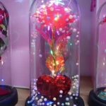 Rosa roja brillante en cúpula de cristal con luces LED y base de corazón de lentejuelas.