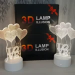 Lámpara 3D de escritorio con diseño "LOVE" y globos en forma de corazón, luz blanca cálida ajustable.