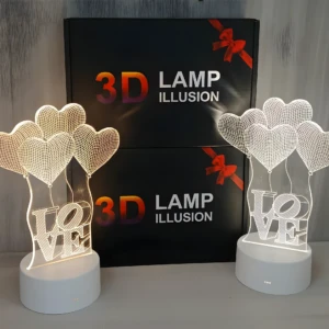 Lámpara 3D de escritorio con diseño "LOVE" y globos en forma de corazón, luz blanca cálida ajustable.
