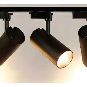 Set 3 lámparas spot cilíndricas negras con cabezales móviles, iluminación para riel.