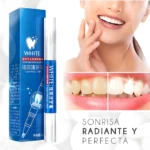 Lápiz blanqueador dental blanco y azul, empaque con instrucciones y dientes amarillos antes/después de usarlo. Sonrisa radiante.