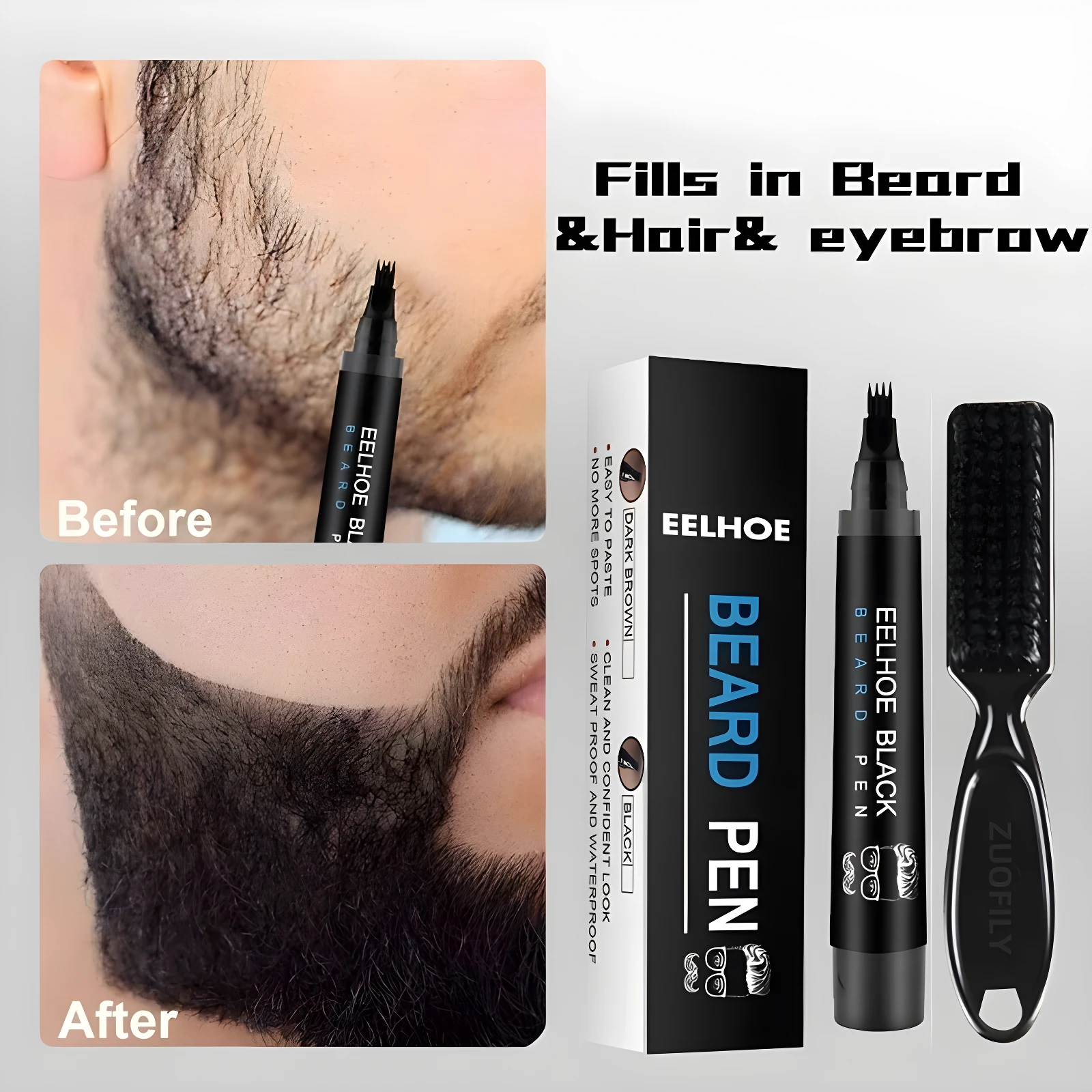 Lápiz rellenador de barba negro Eelhoe antes y después, con empaque y cepillo aplicador ZUOFLY.