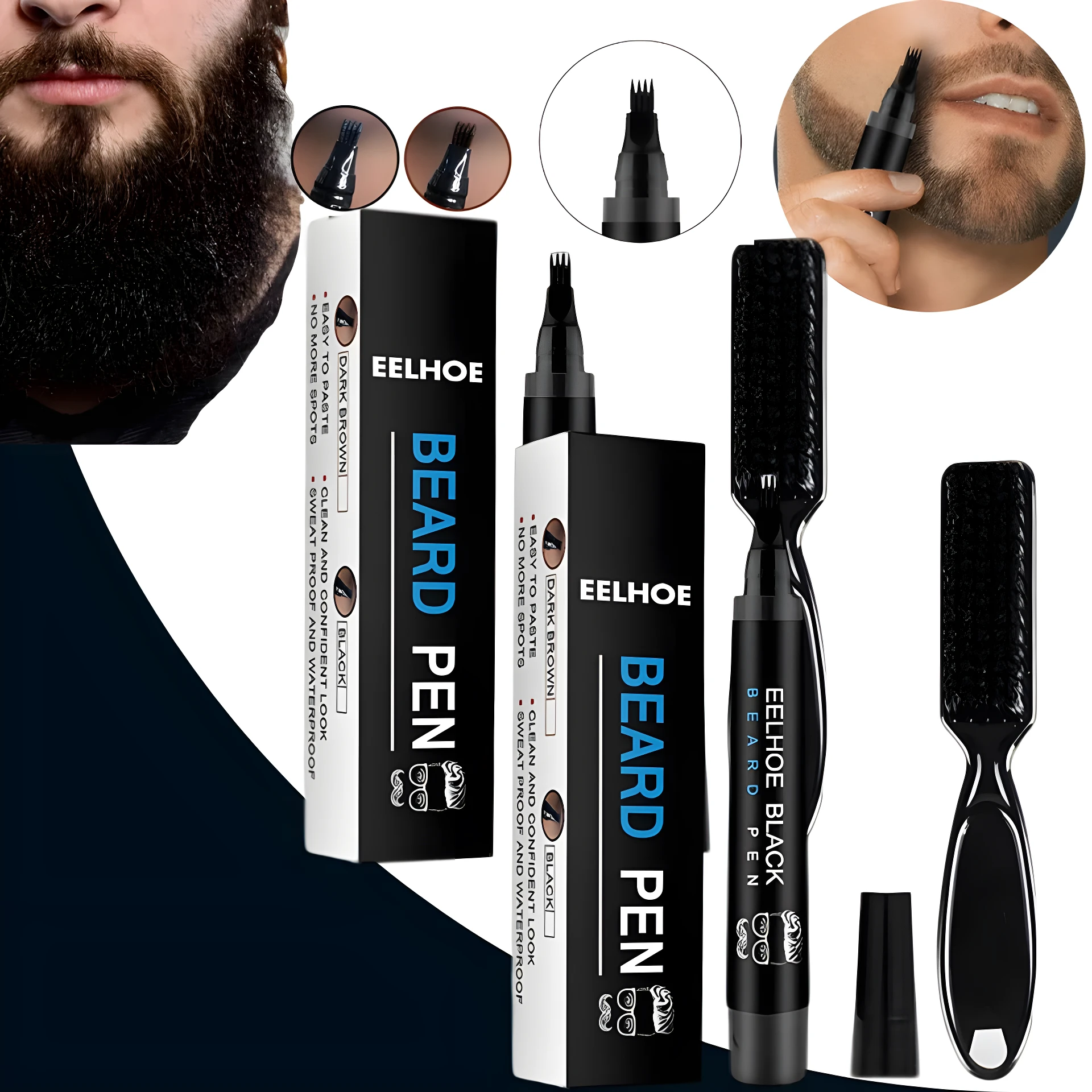 Set de lápiz EELHOE BEARD PEN negro con aplicador de cerdas para rellenar barba, mostrando puntas de micro-corte y cepillo mezclador.