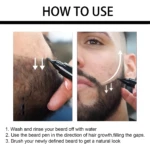 Instrucciones para usar lápiz relleno de barba negro: aplicar en dirección del crecimiento para rellenar huecos y luego cepillar.