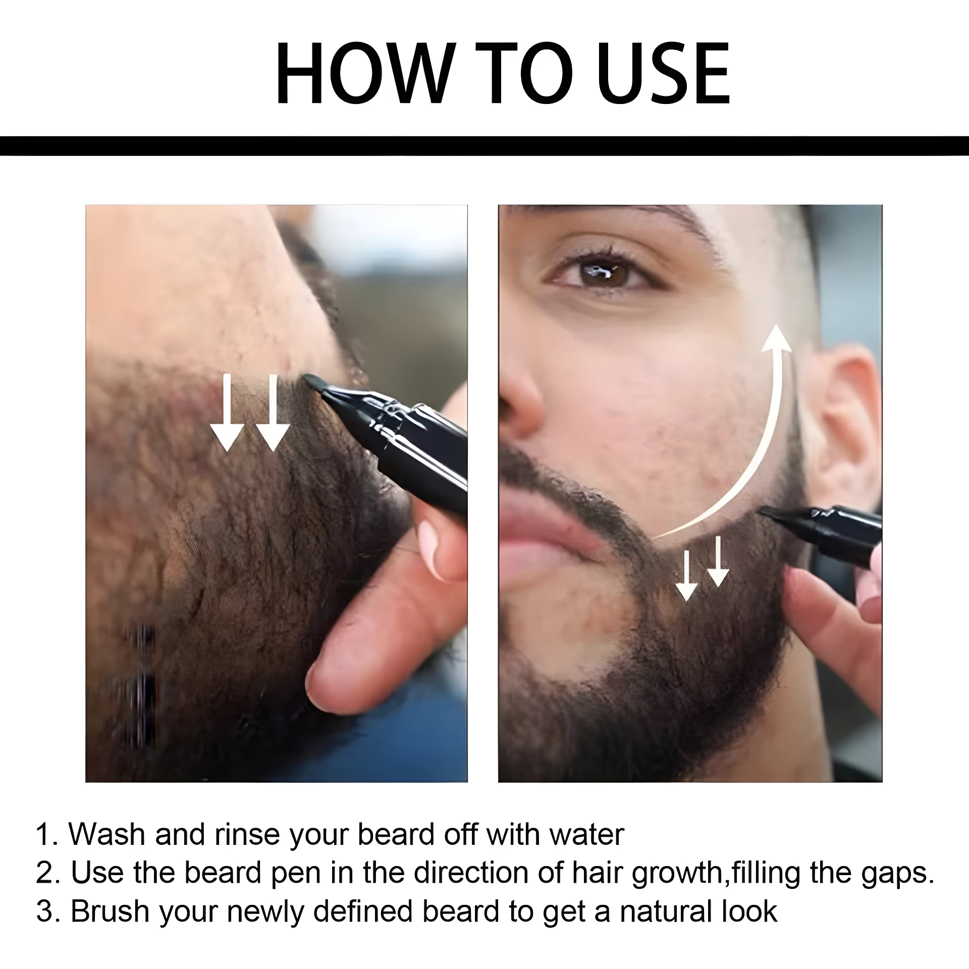 Instrucciones para usar lápiz relleno de barba negro: aplicar en dirección del crecimiento para rellenar huecos y luego cepillar.
