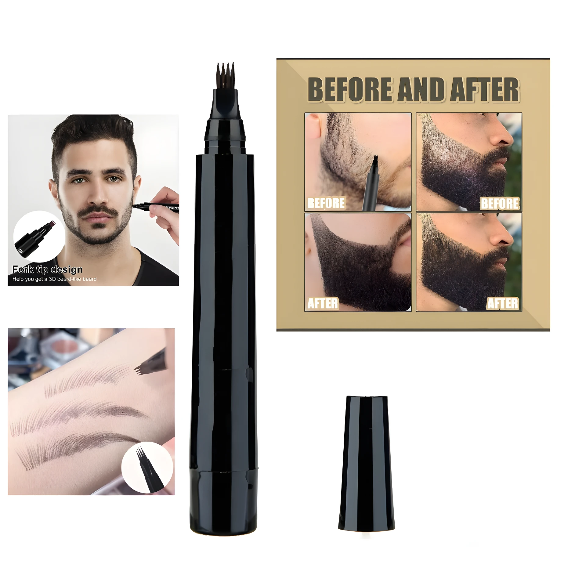 Plumón delineador negro con punta de horquilla para rellenar barba y cejas, mostrando resultados antes y después.