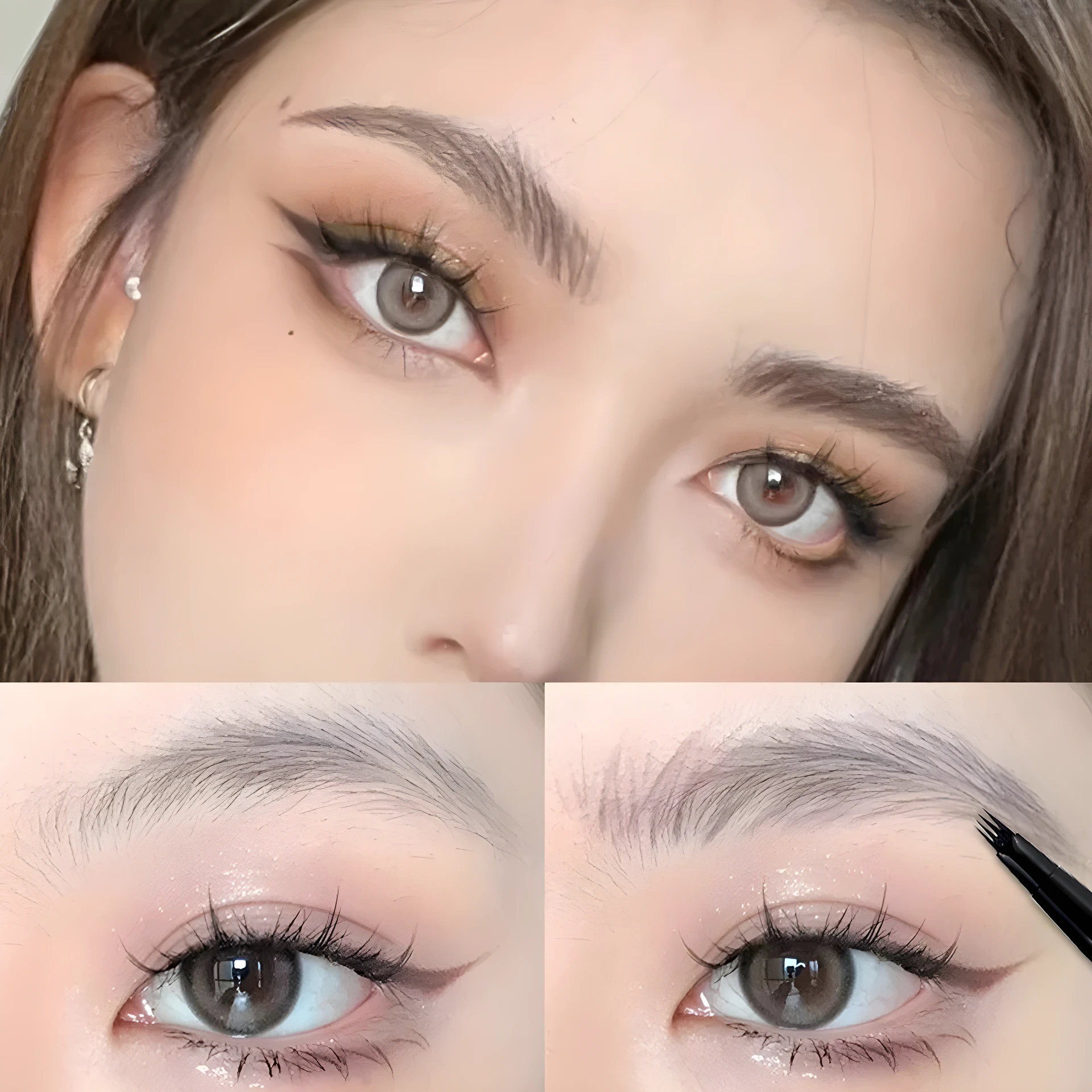 Rostro femenino con maquillaje de ojos dramático, delineado felino y cejas definidas con efecto pelo, mostrando el aplicador de micro-puntas para rellenar.