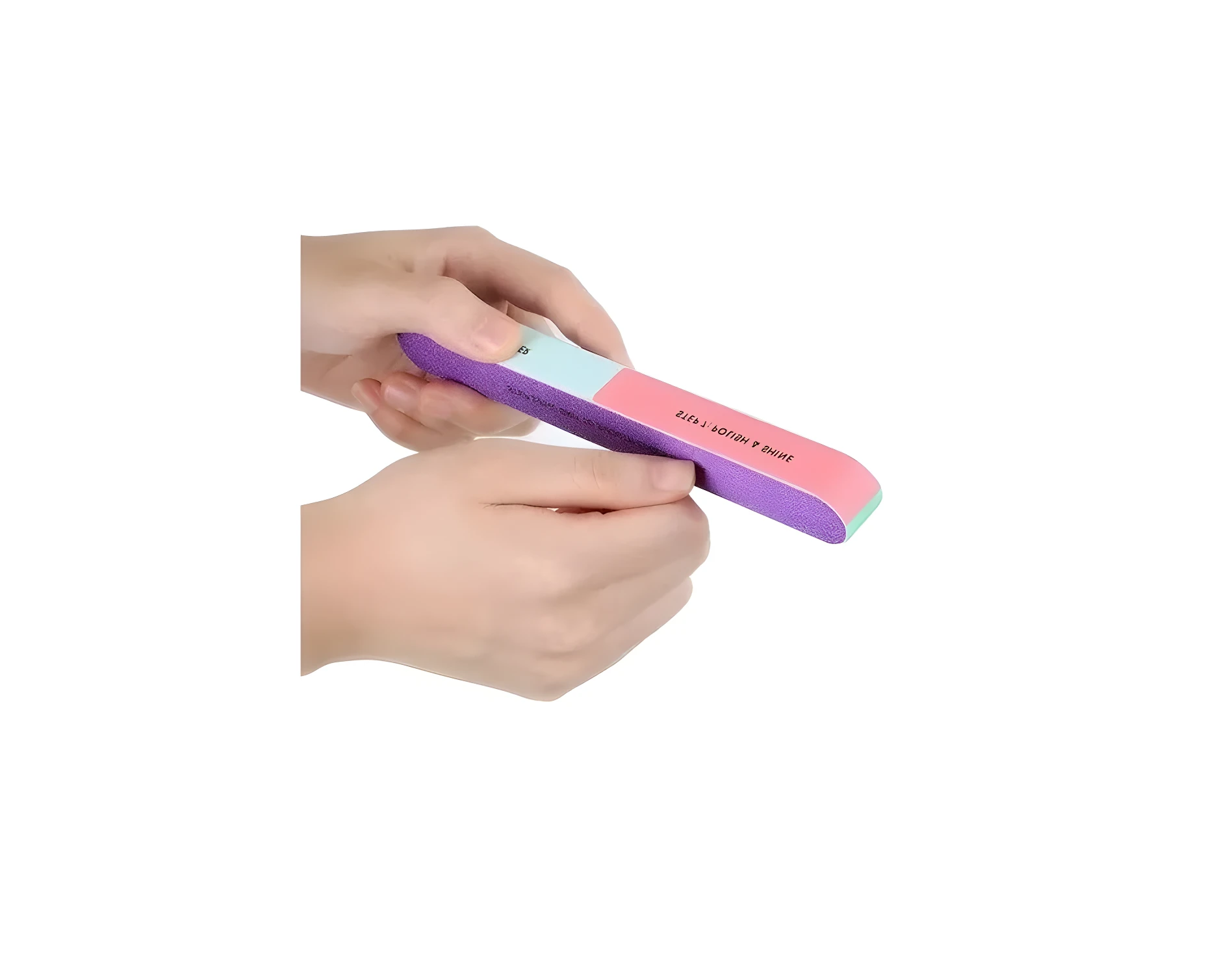 Lima bloque de 7 caras para manicura, con manos aplicando en uñas, colores morado, azul y rosa.