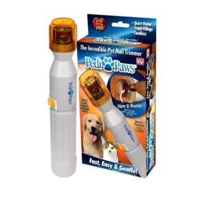 Limador eléctrico de uñas para mascotas PediPaws, blanco y naranja, con accesorios y empaque.
