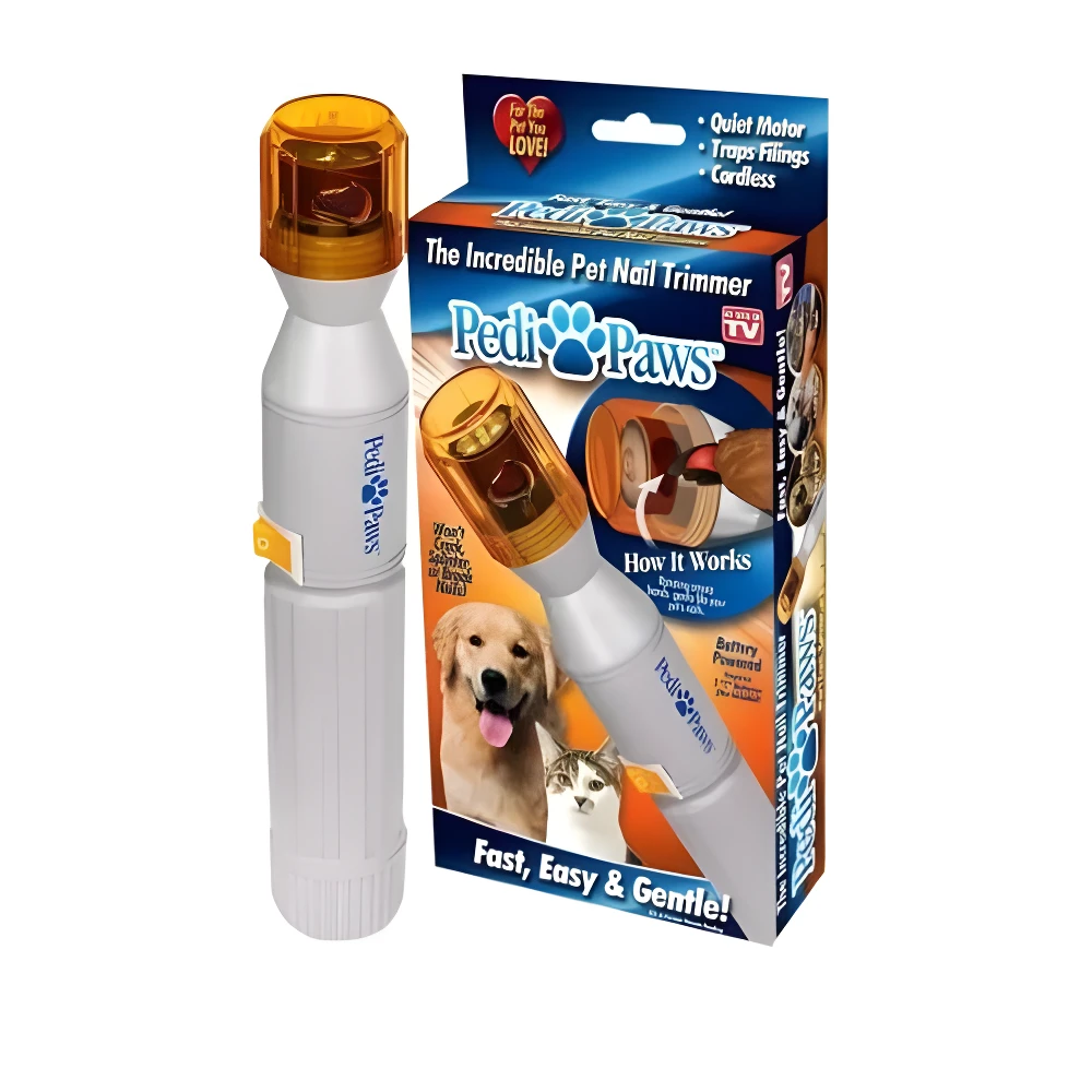 Limador eléctrico de uñas para mascotas PediPaws, blanco y naranja, con accesorios y empaque.