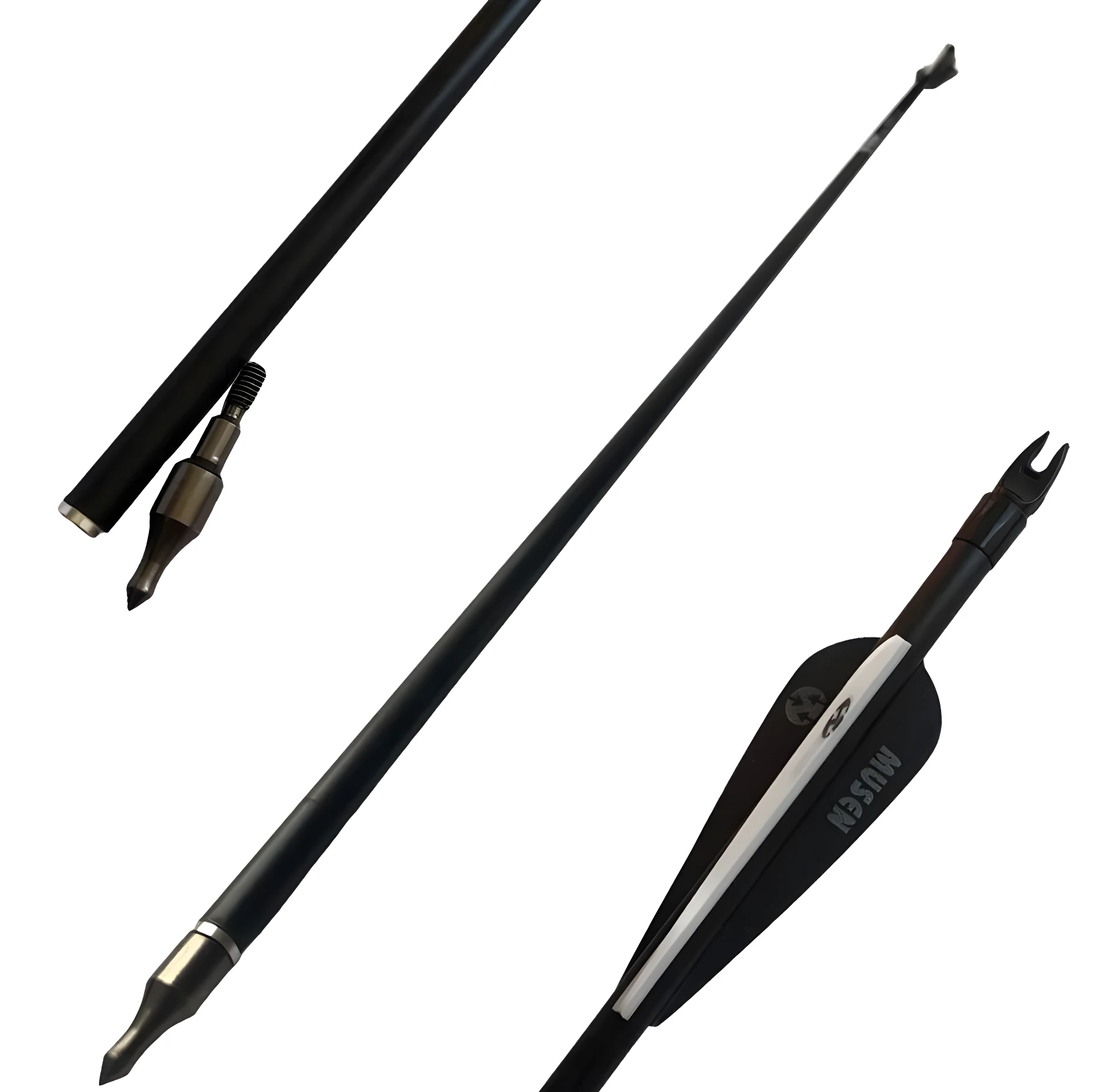 Flechas de carbono negras para tiro al blanco, vistas en detalle: punta metálica intercambiable y culatín con paletas negras y blancas.