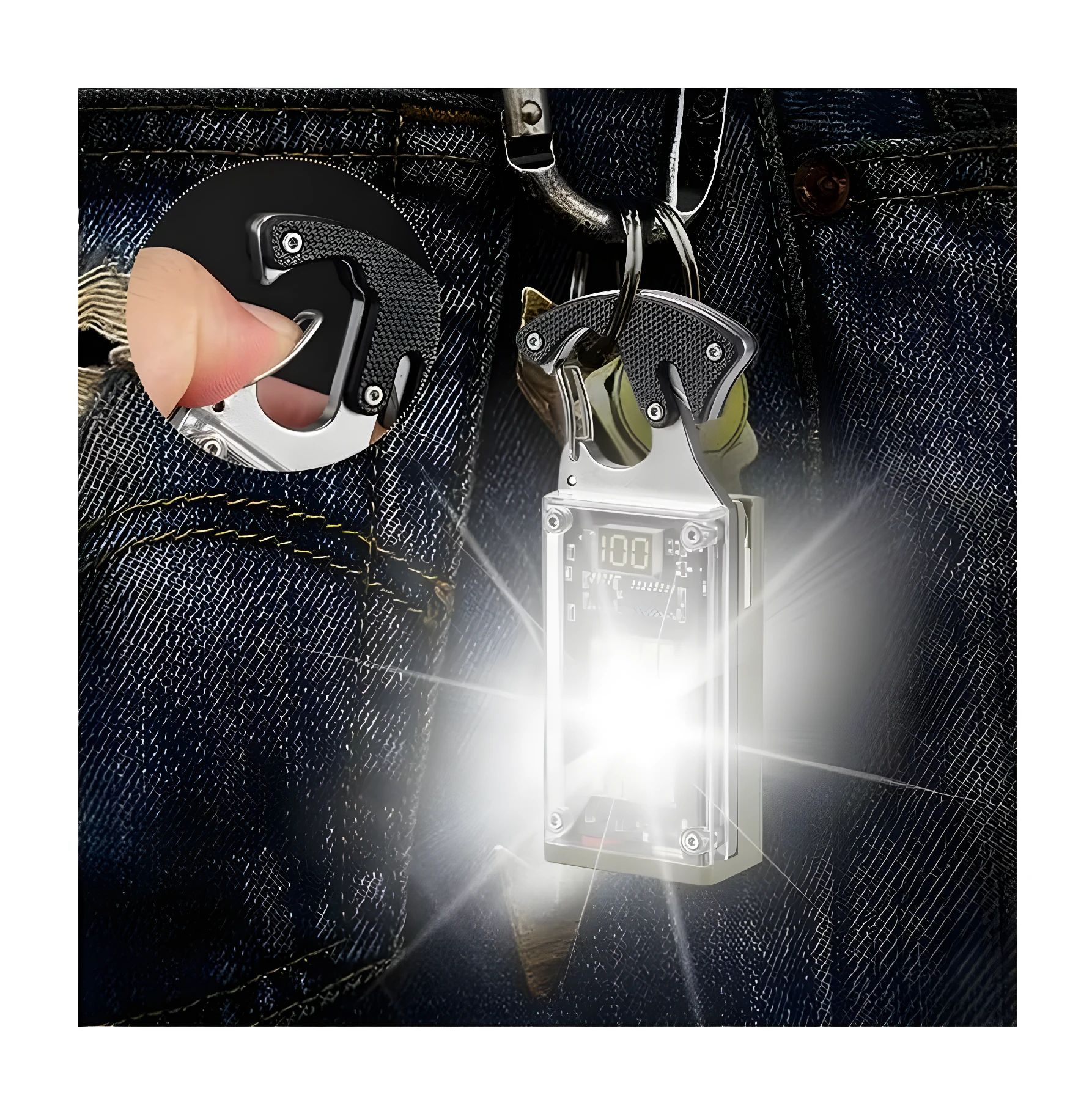 Linterna llavero 4 en 1 transparente con pantalla digital y gancho mosquetón en jeans.