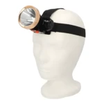 Linterna táctica LED minera con aro frontal color cobre, montada en maniquí blanco, con banda negra.