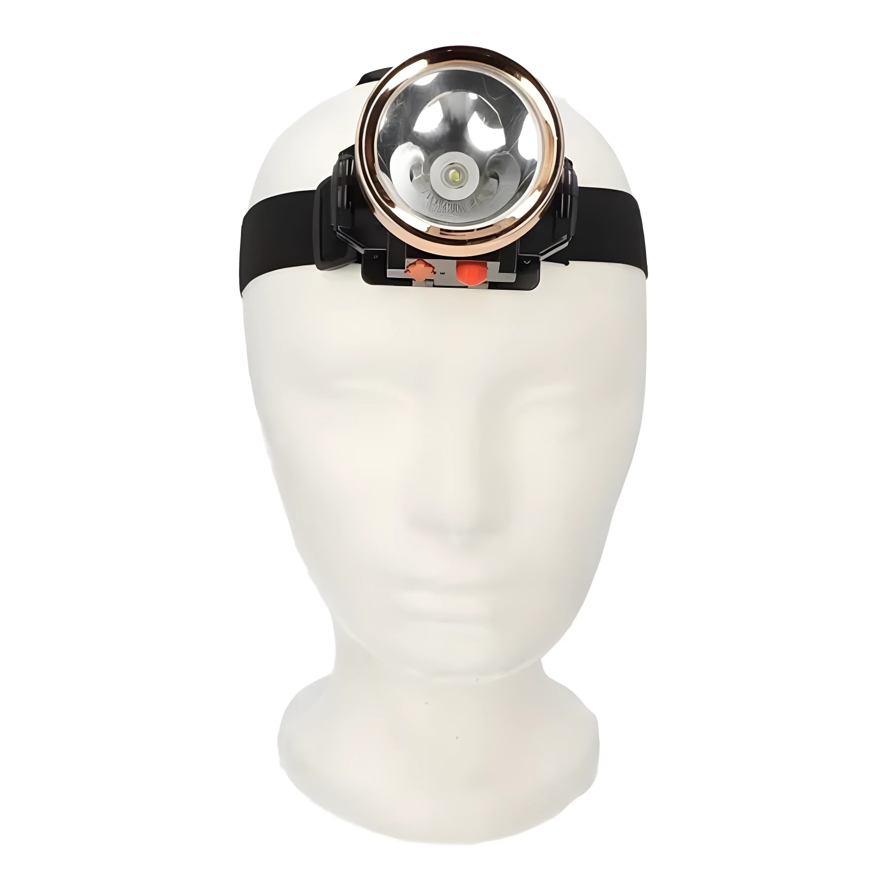 Linterna LED frontal minera con aro reflectante cobre, montada sobre cabeza maniquí blanca, con dos botones de control naranjas.