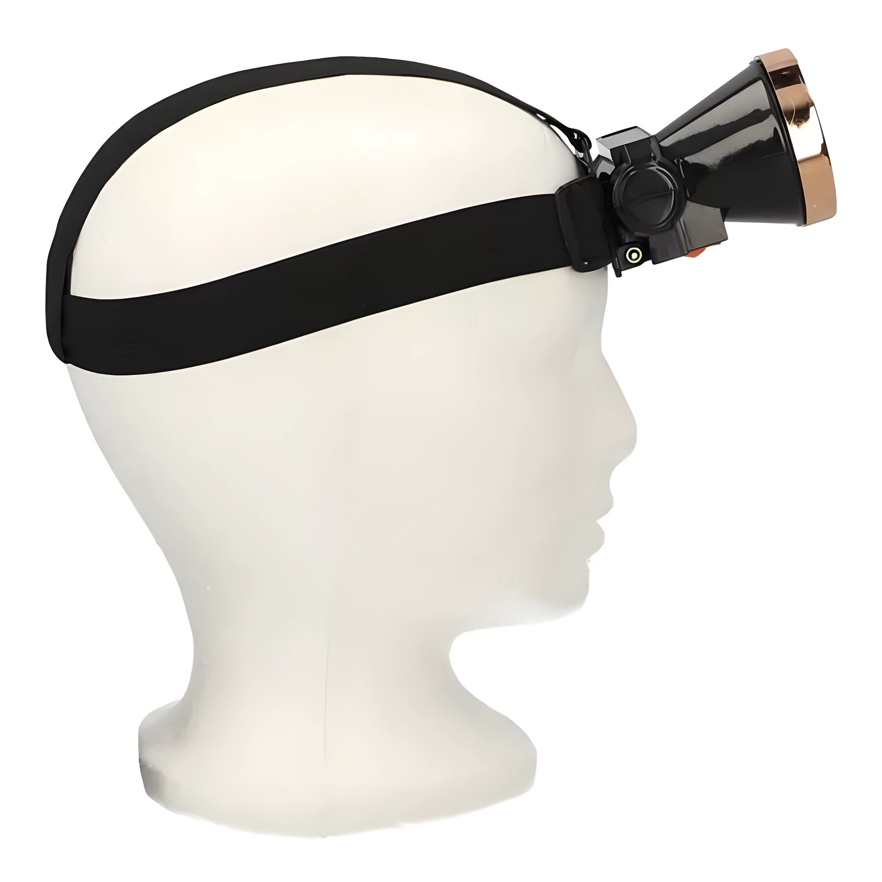 Linterna táctica LED minera negra con borde dorado frontal, ajustada a la banda elástica negra de un maniquí blanco de perfil.