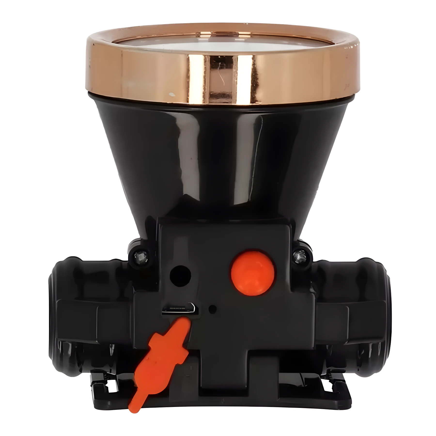 Linterna minera LED negra con borde superior cobre, vista frontal mostrando botón naranja, puerto de carga USB tapado y pivote de ajuste lateral.