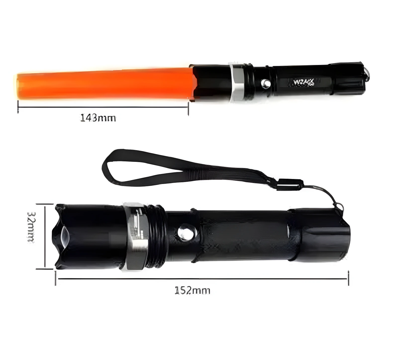 Linterna táctica negra con accesorio de luz de señalización naranja. Dimensiones: 152mm de largo y 32mm de diámetro de cabeza.