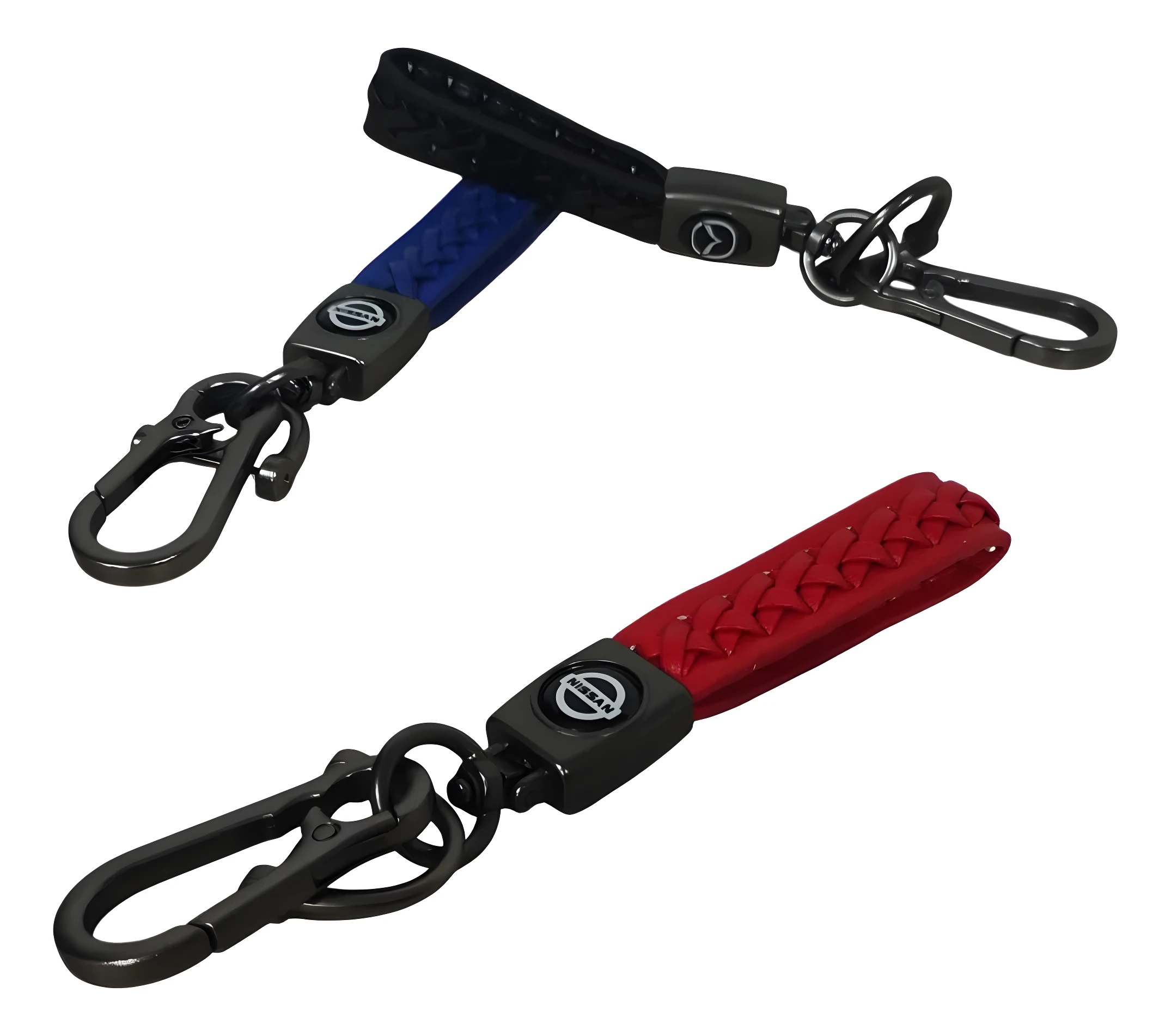 Set x2 llaveros Nissan cuero trenzado negro y azul, y rojo con argolla y clip metálico.