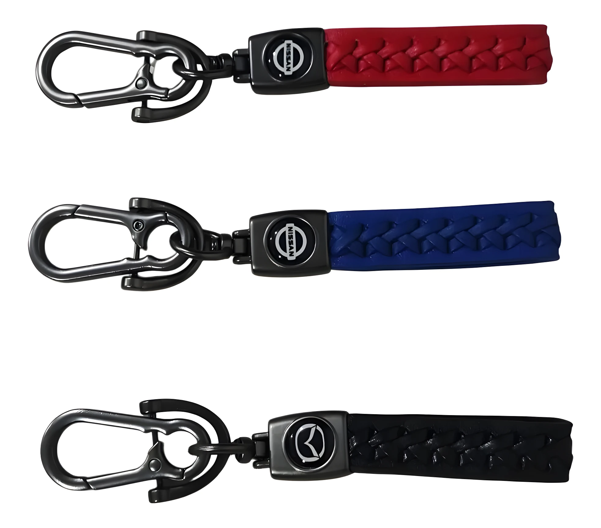 Llaveros de cuero trenzado, uno rojo y otro azul, con logo Nissan y mosquetón metálico.