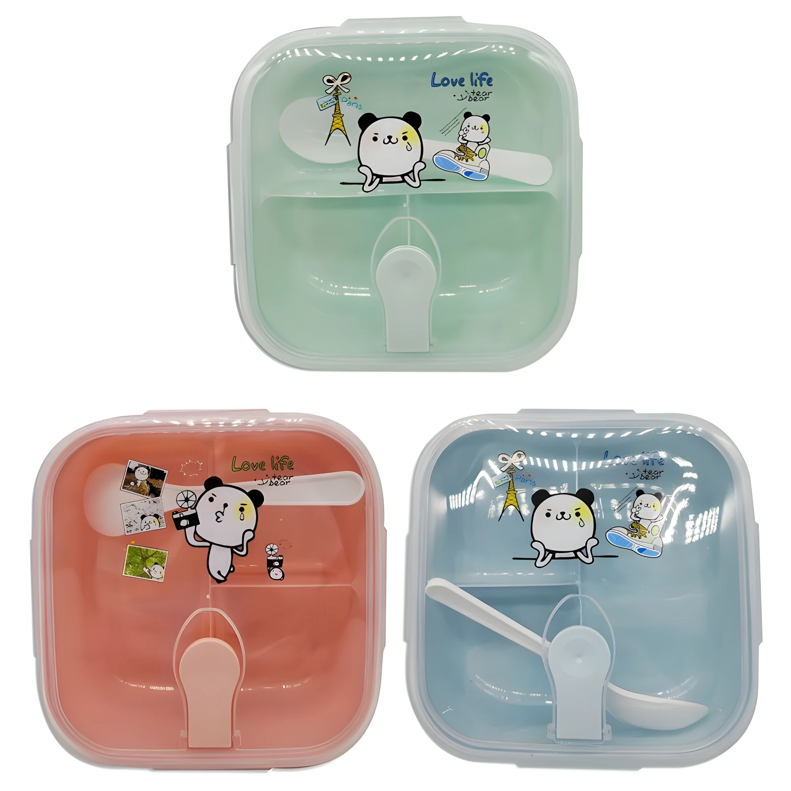 Tres loncheras cuadradas compactas con divisiones y tapa, una verde menta, otra rosa y una azul, con dibujos de oso panda y cuchara incluida.