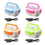 Cuatro loncheras eléctricas portátiles blancas para carro con tapas y asas en azul, rosa, naranja y verde, cada una con su cable de alimentación para encendedor.