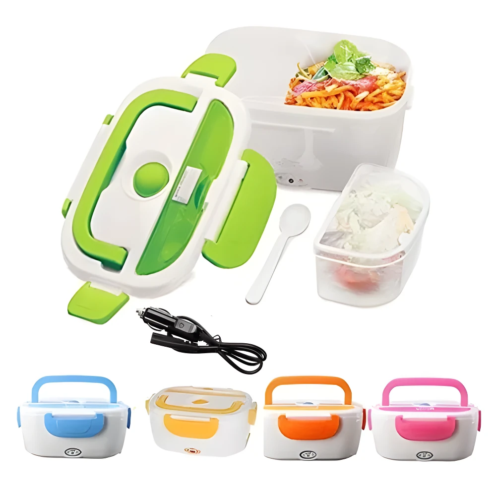 Lonchera eléctrica para carro abierta verde, con recipientes, cuchara y cable. Variantes azul, amarillo, naranja y rosa abajo.