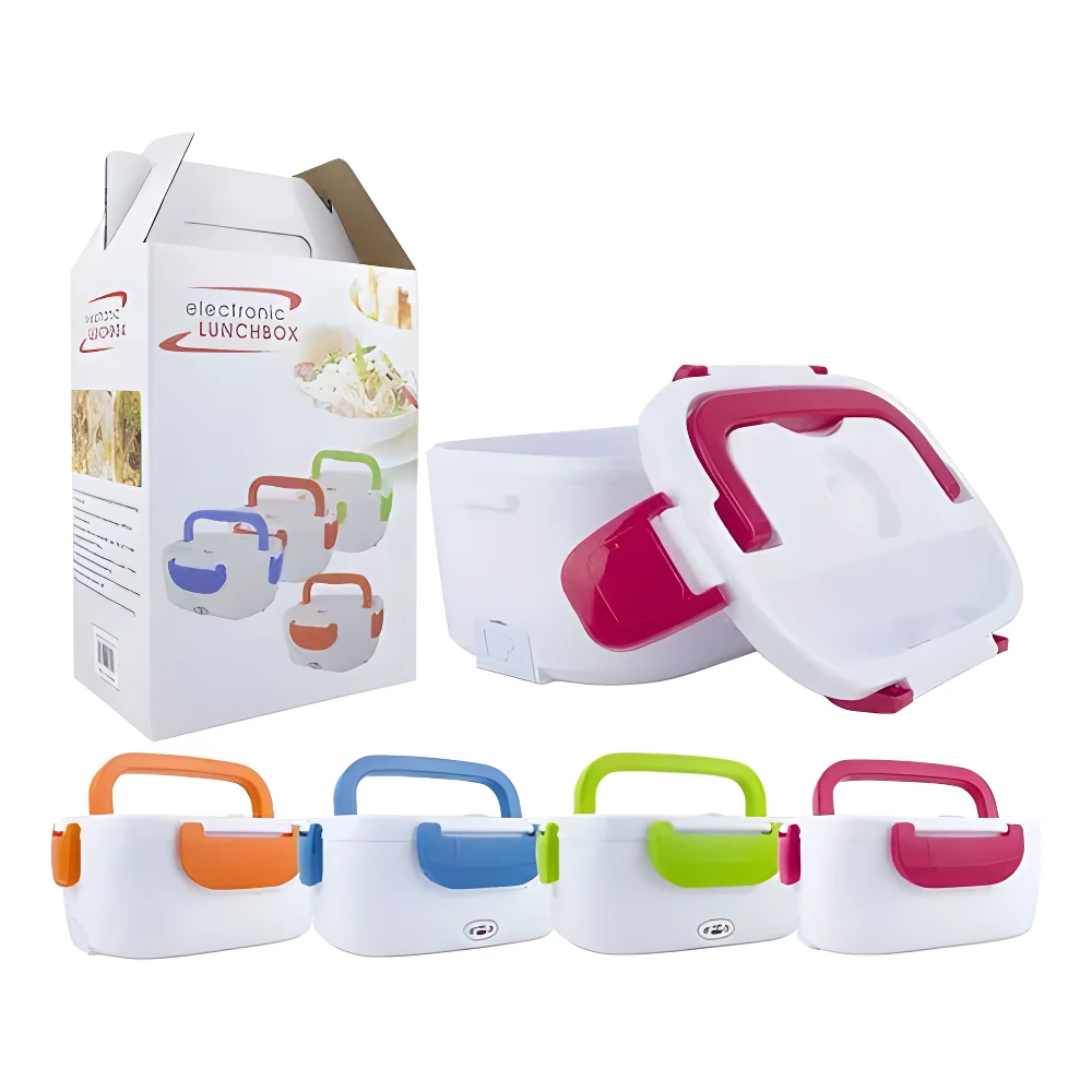 Lonchera eléctrica blanca con tapa y asas en colores naranja, azul, verde y fucsia, junto a su empaque.