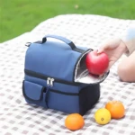 Lonchera térmica azul de doble compartimento aislante, con mango y cremalleras, lista para picnic con frutas.