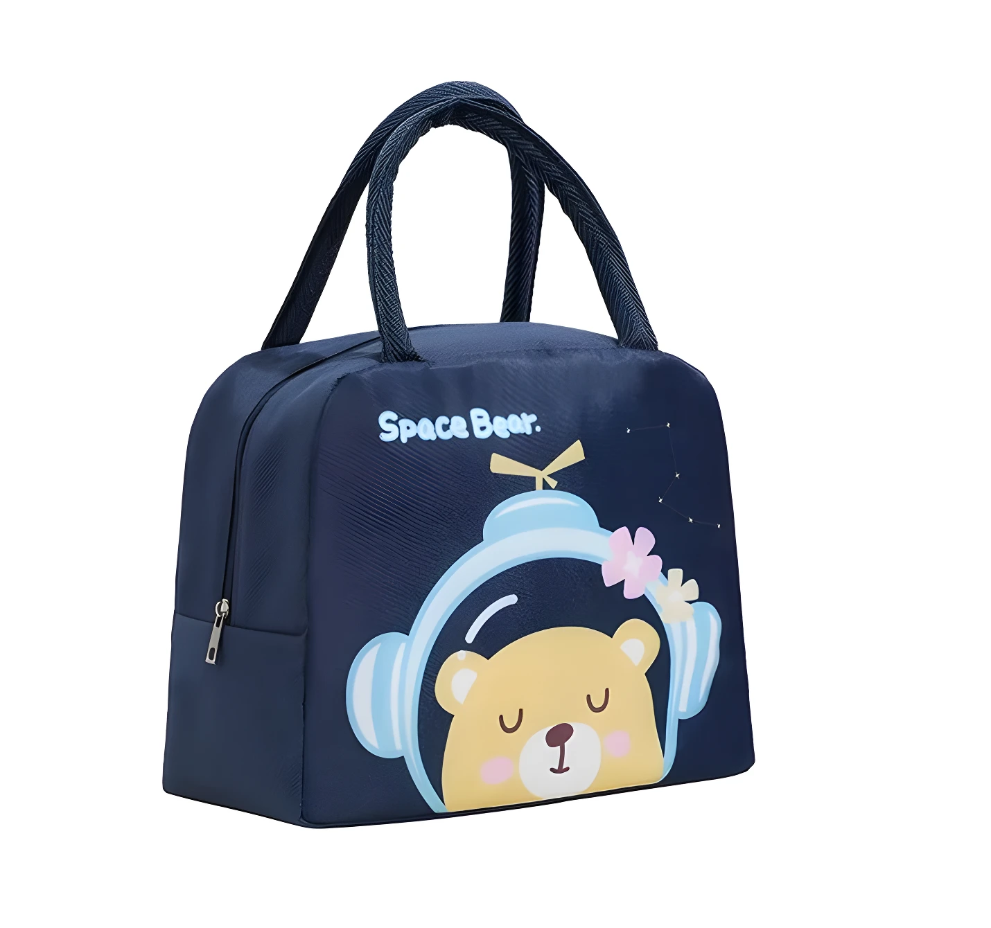 Lonchera térmica azul con osito astronauta y flor, ideal para niños.