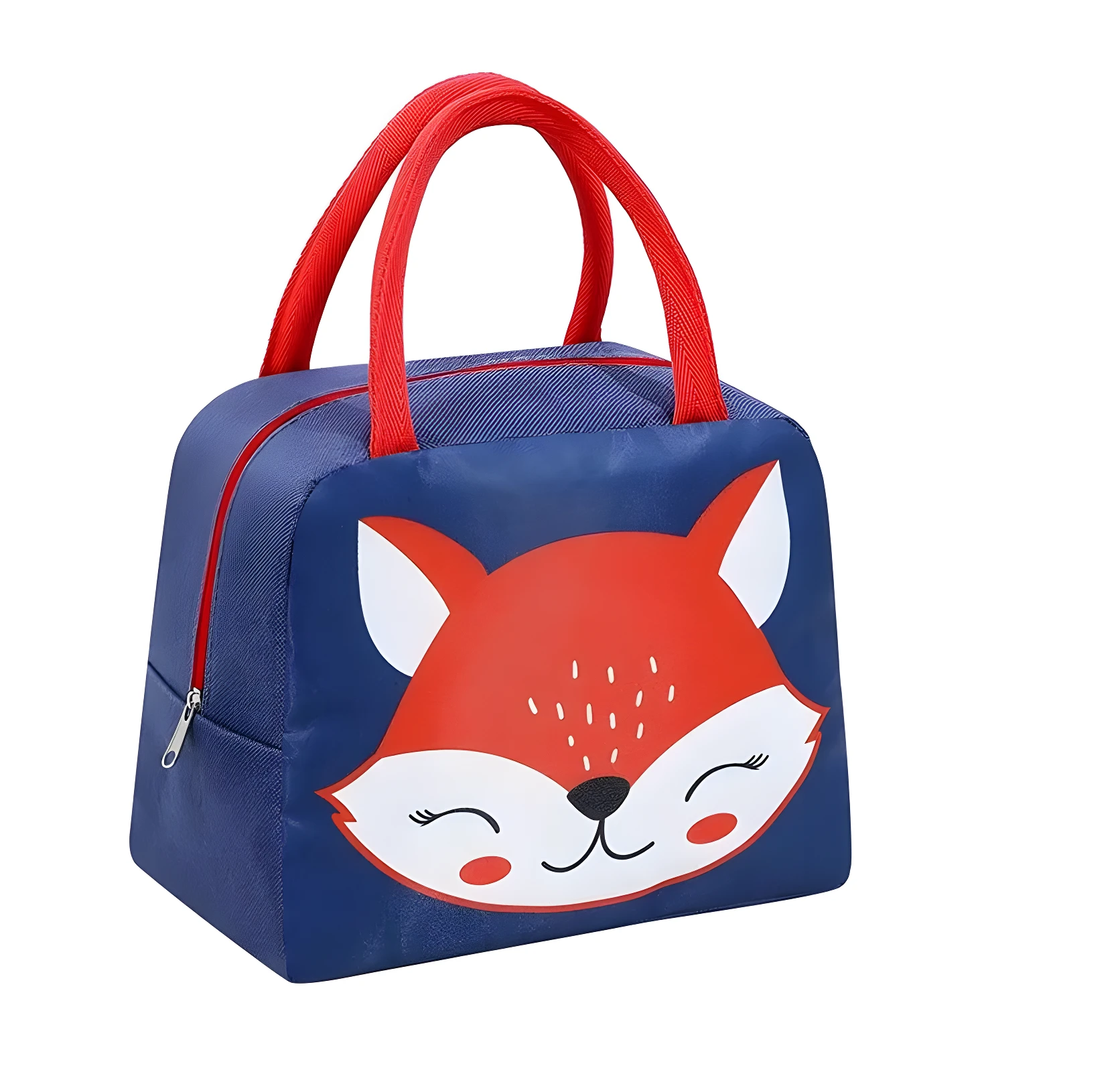 Lonchera térmica azul con cara de zorro feliz, asas rojas. Ideal para niños.