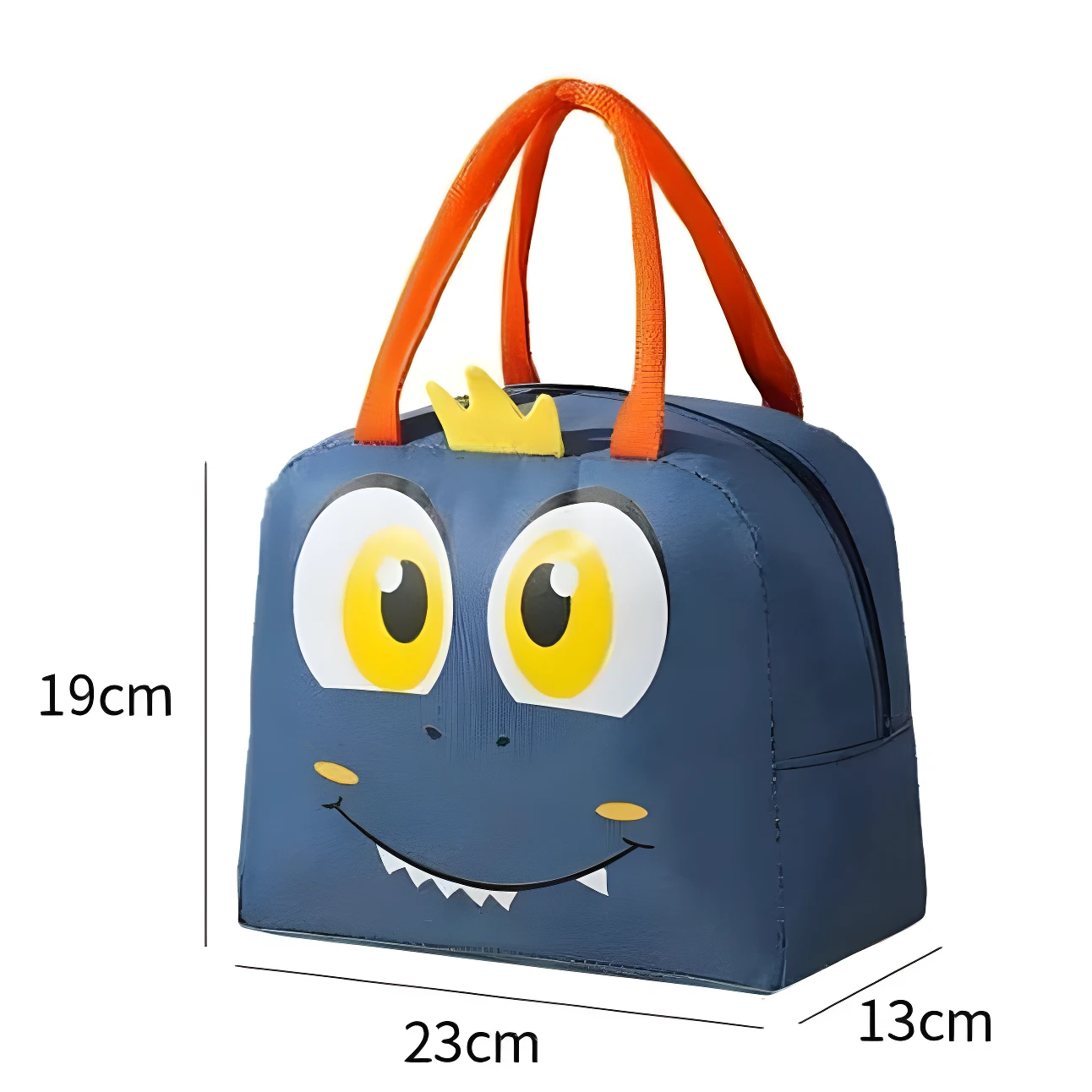 Lonchera térmica infantil azul con diseño de monstruo sonriente y corona amarilla. Medidas 19x23x13cm.