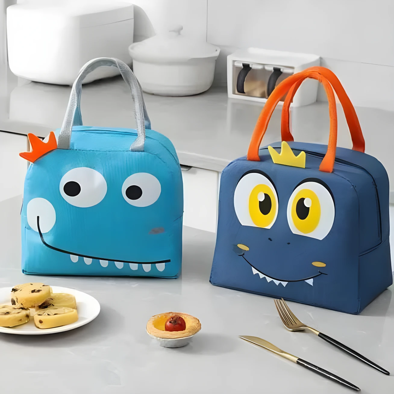 Lonchera térmica infantil azul y azul marino, con diseño de monstruo y asas naranjas, ideal para mantener alimentos.