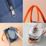 Lonchera térmica infantil azul con detalles naranja, interior plateado aislante, perfecta para mantener alimentos frescos o calientes.