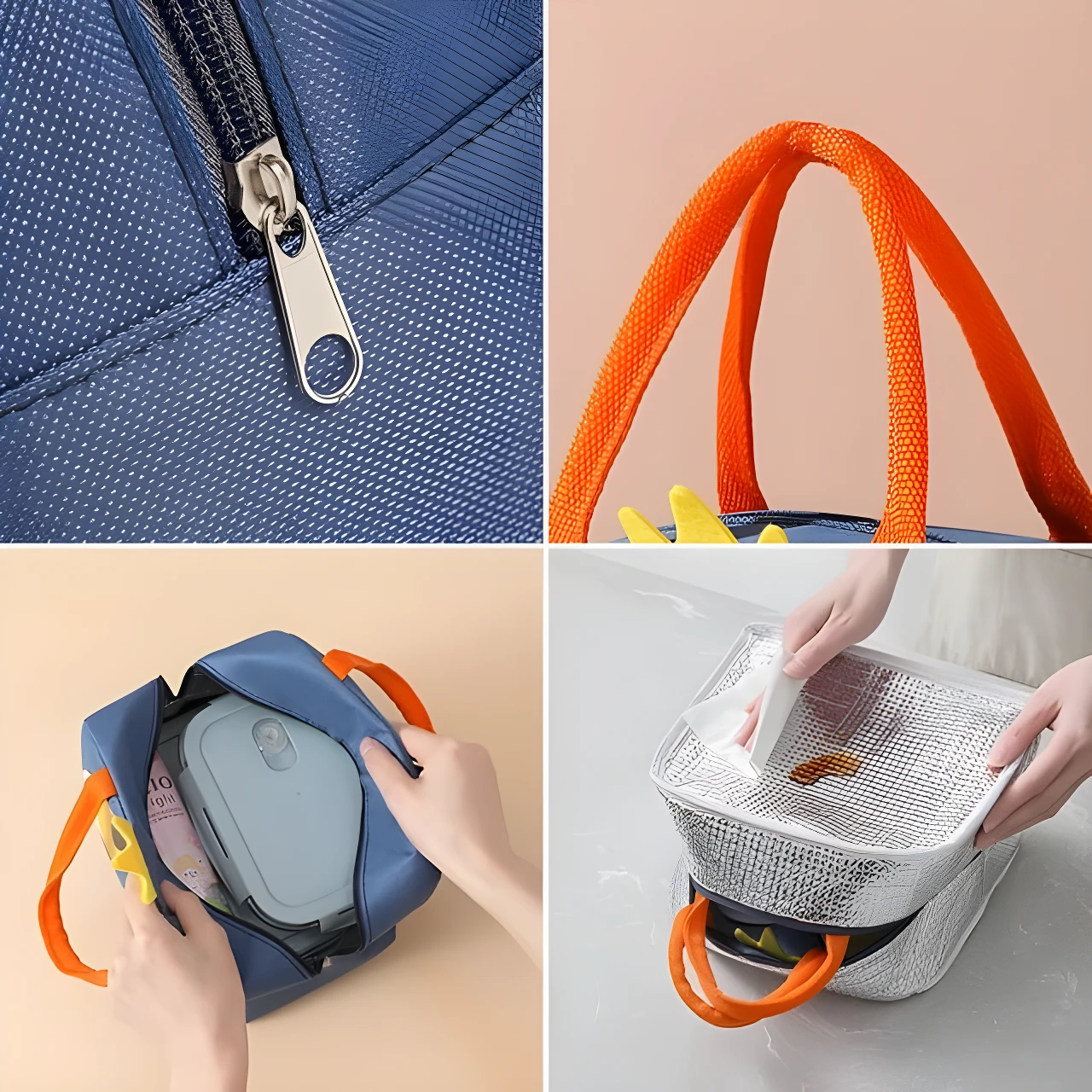 Lonchera térmica infantil azul con detalles naranja, interior plateado aislante, perfecta para mantener alimentos frescos o calientes.