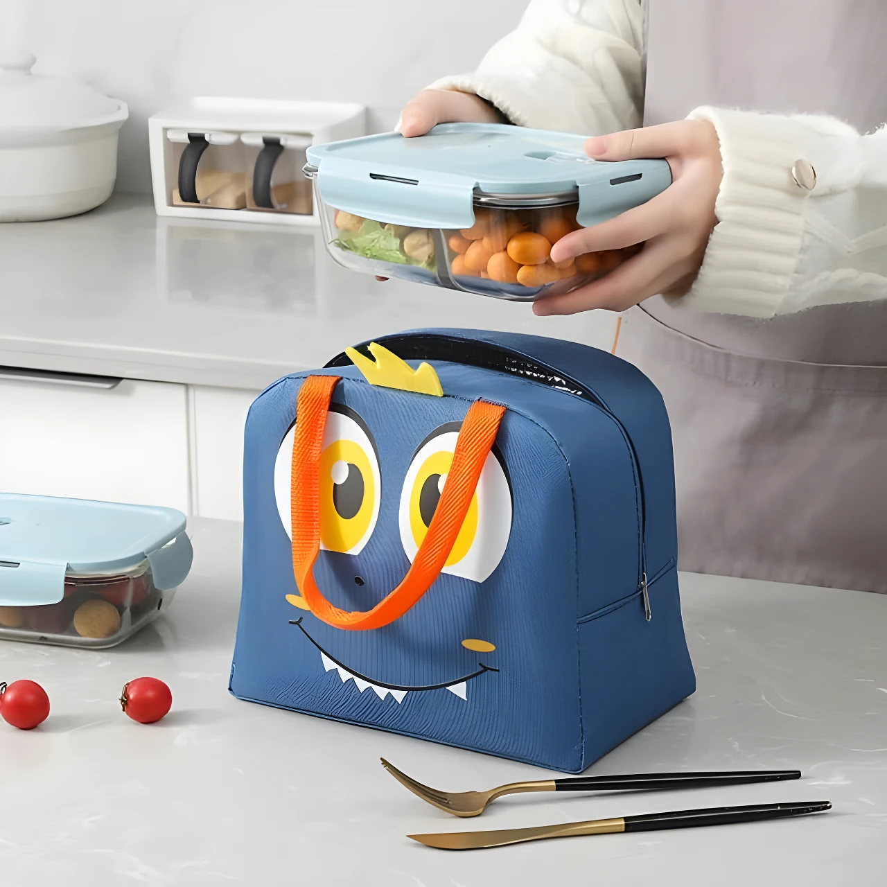 Lonchera térmica azul con diseño de monstruo, ideal para niños, con contenedor de vidrio y cubiertos dorados.