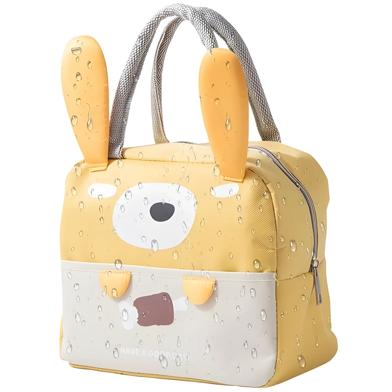 Lonchera térmica amarilla con diseño de conejo, asas reforzadas, ideal para mantener alimentos fríos o calientes.