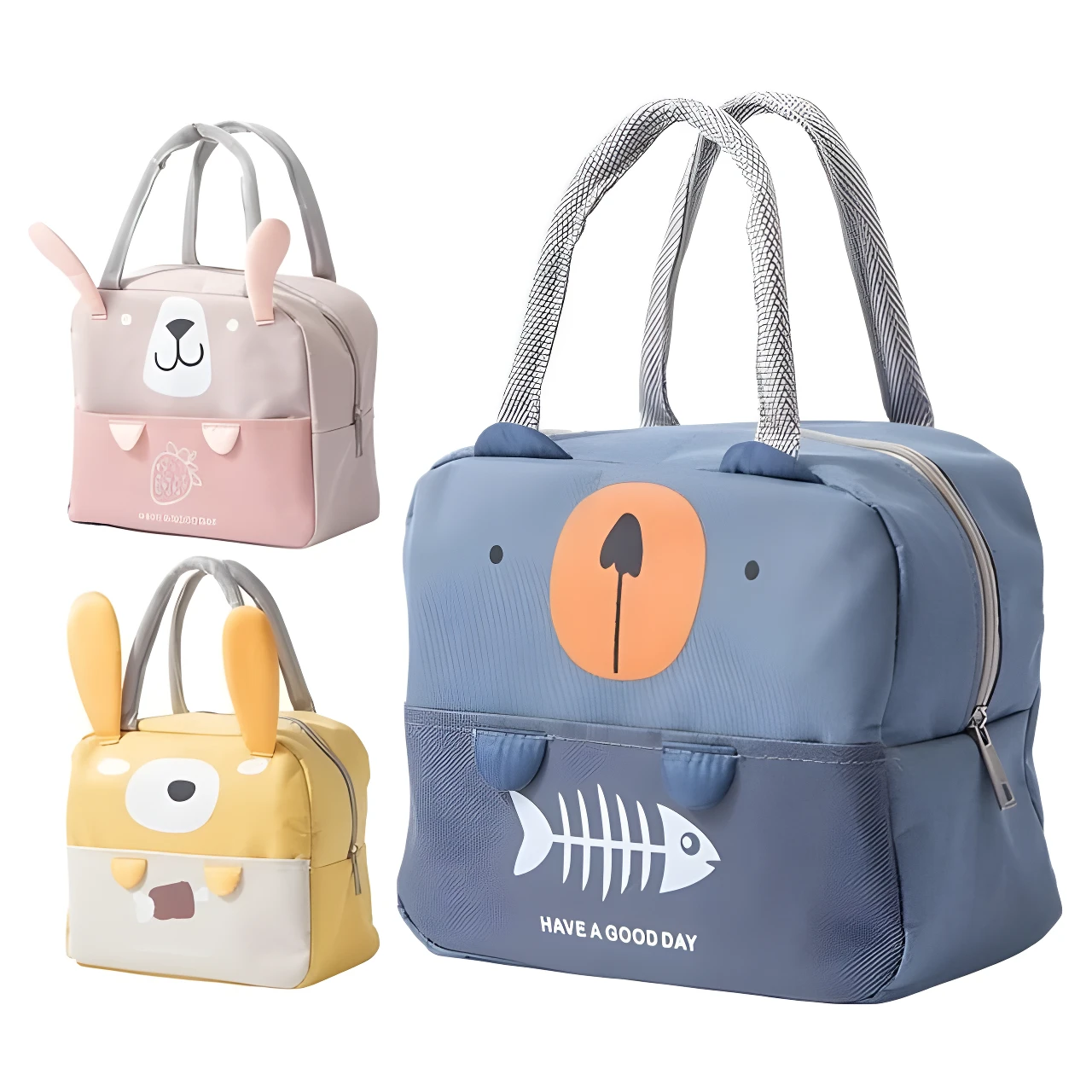 Lonchera térmica Oxford azul con diseño de oso y pez, asa reforzada.