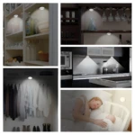 Set de 3 luces LED adhesivas con control remoto iluminando gabinetes, closet y cocina.