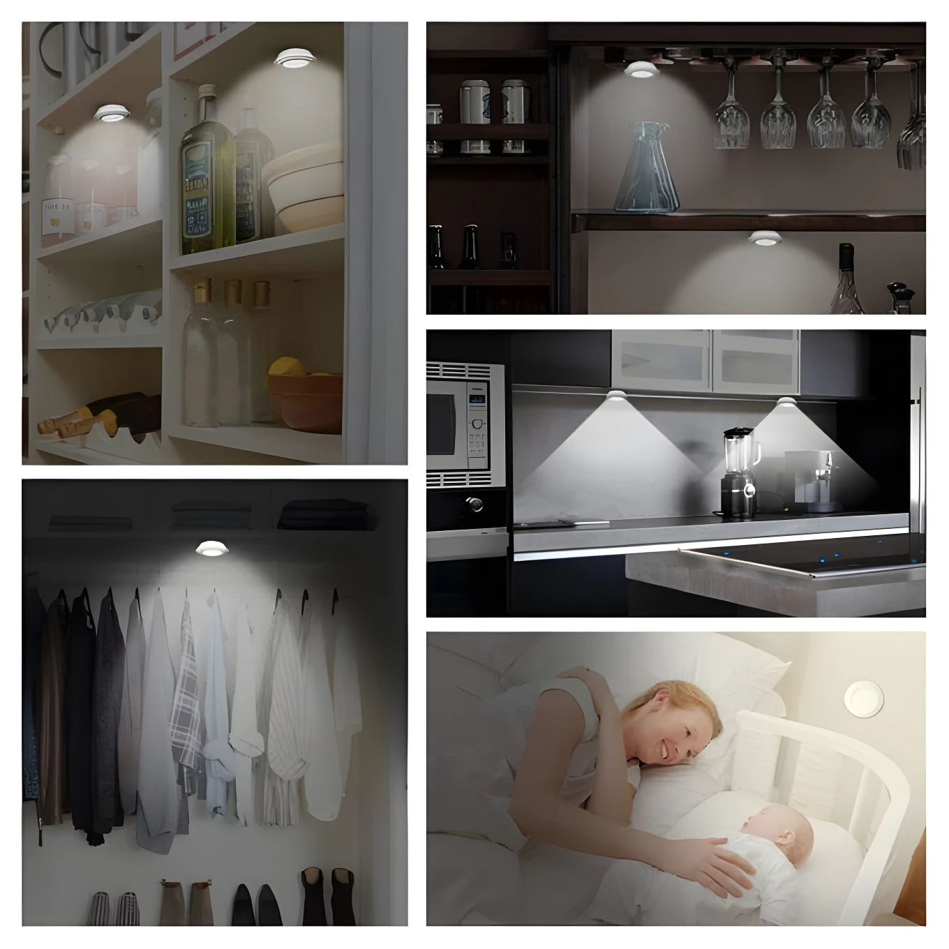 Set de 3 luces LED adhesivas con control remoto iluminando gabinetes, closet y cocina.