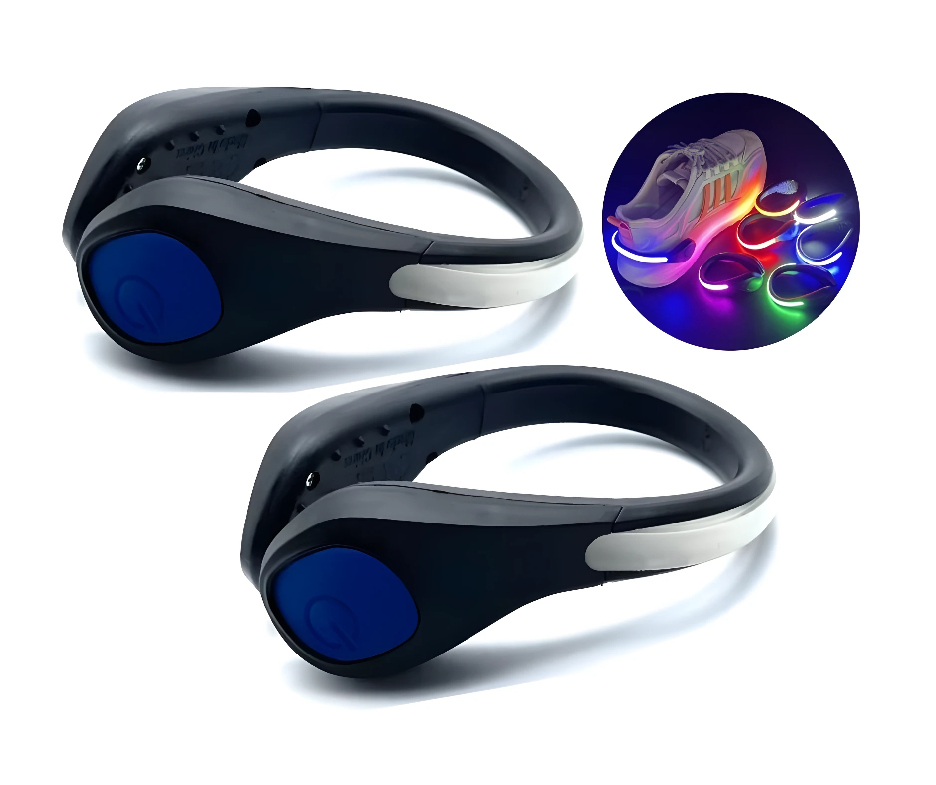 Dos taloneras deportivas negras con botón azul, junto a círculo demostrativo de luces LED para calzado en varios colores.