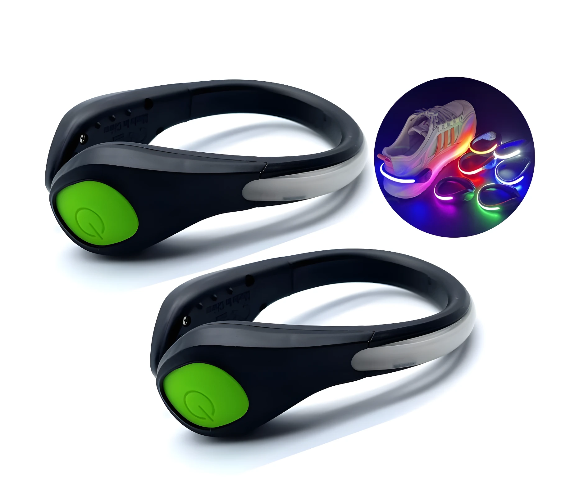 Dos luces LED deportivas negras con botón verde para taloneras, y círculo insertado mostrando uso multicolor en calzado.