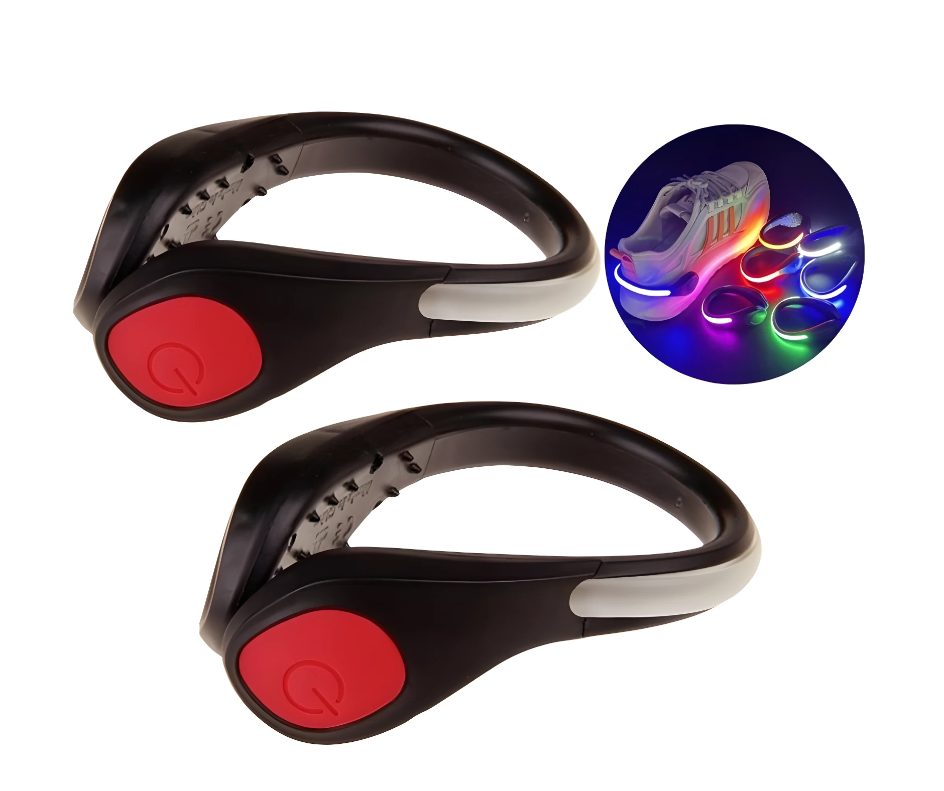 Dos luces led negras con botón rojo de encendido para calzado deportivo, con círculo insertado mostrando luces multicolor en talones de zapatillas.