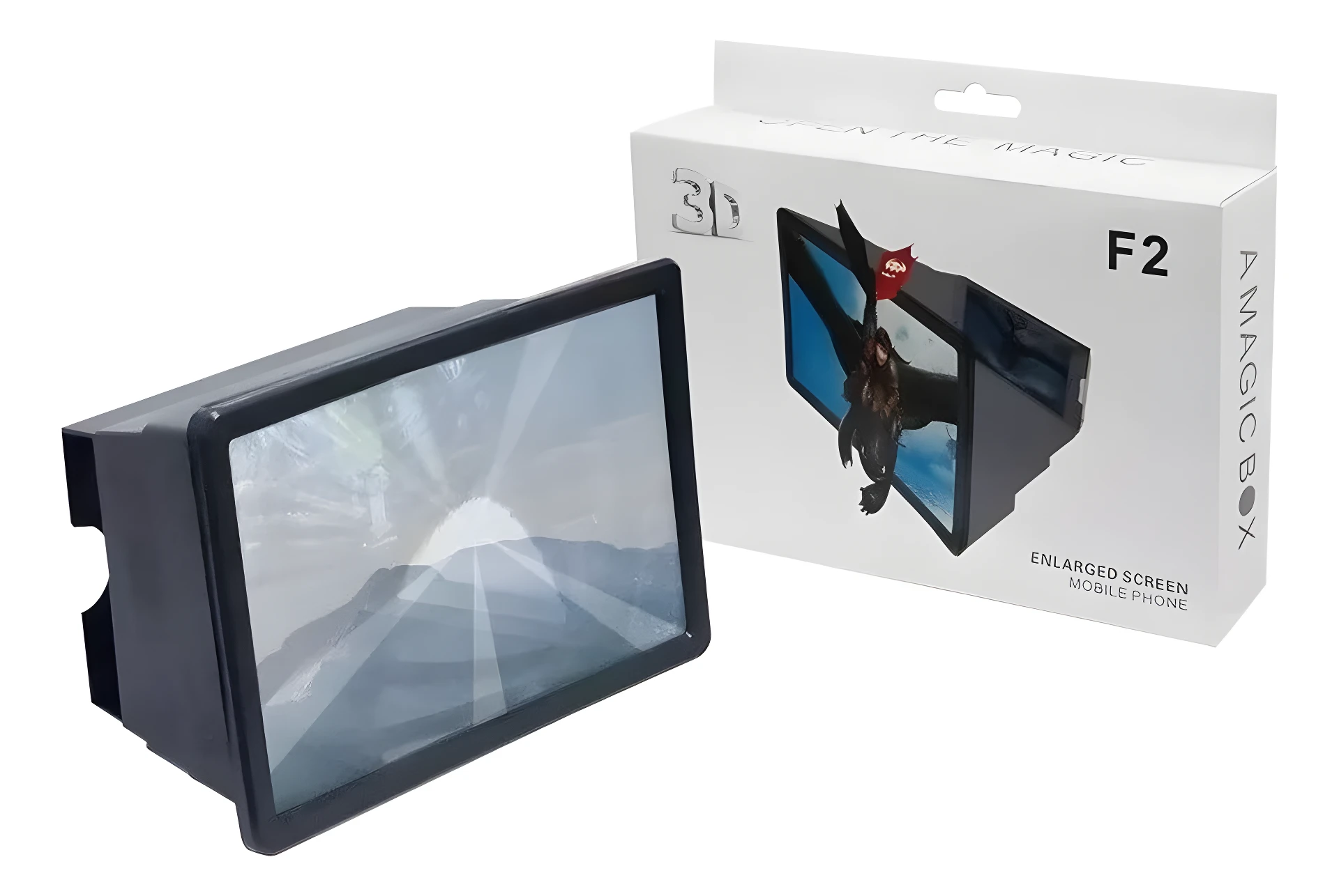 Lupa pantalla celular amplificador F2 negra, pantalla 3D, en caja "A Magic Box".
