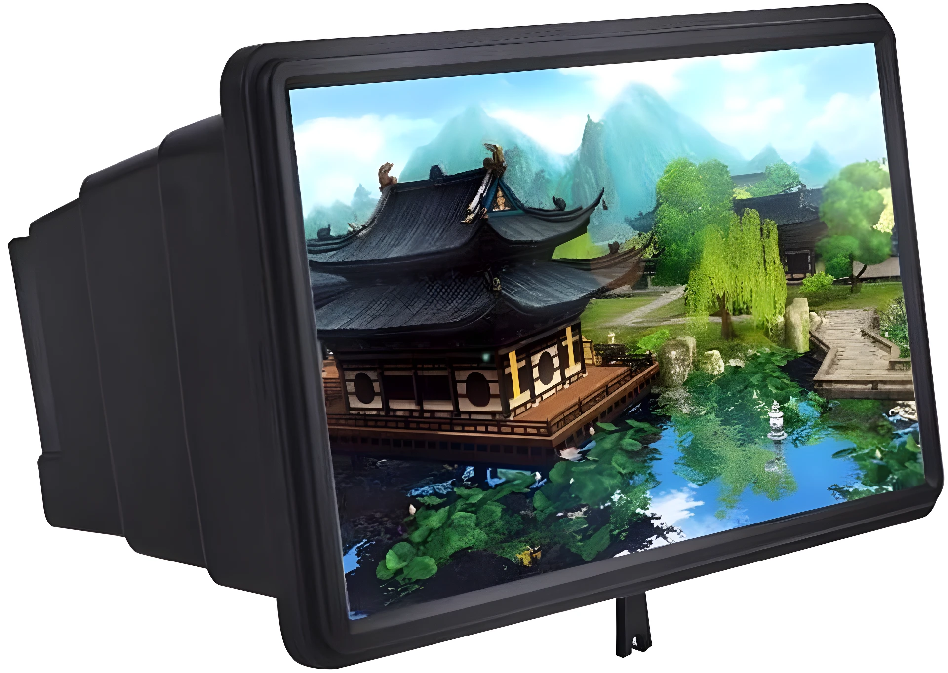 Lupa amplificadora para celular, pantalla F2, con diseño de pagoda asiática y lago.