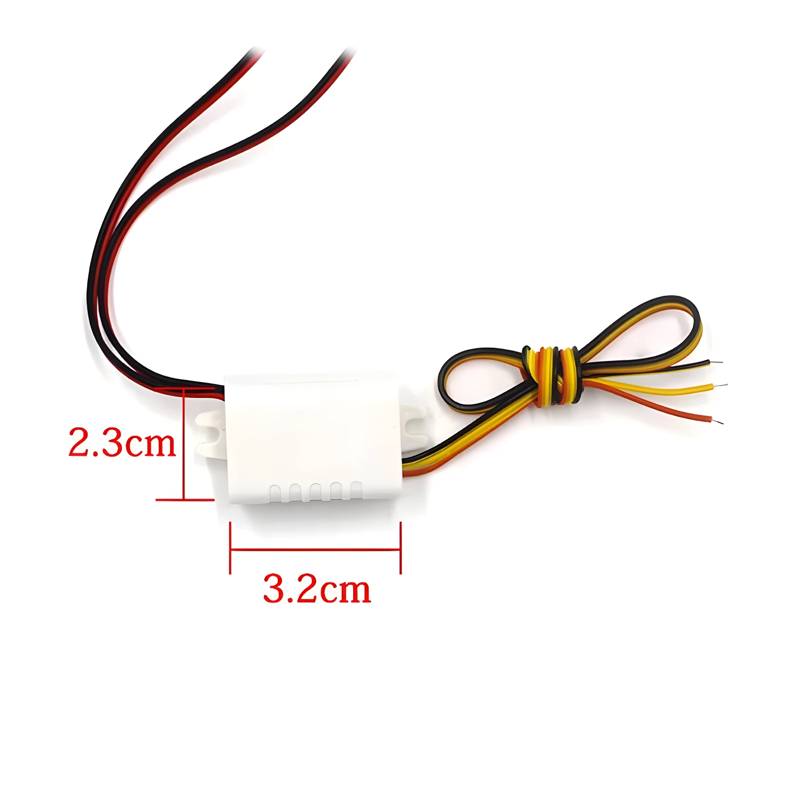 Barra estroboscópica LED vehicular blanca compacta con cables negro-rojo y amarillo-negro-naranja, medidas 2.3cm y 3.2cm.