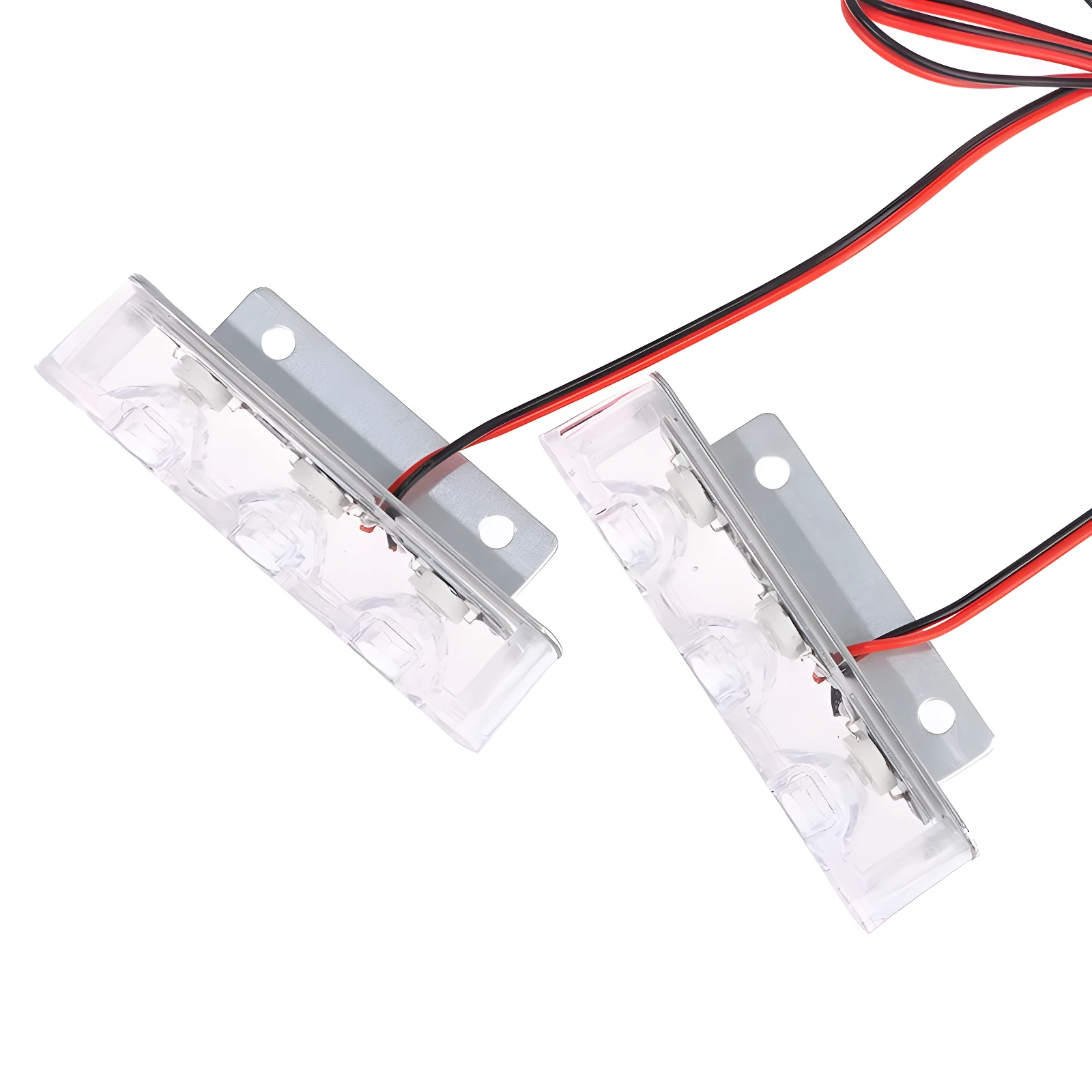 Dos barras estroboscópicas LED vehiculares transparentes, con soportes metálicos y cables rojo/negro, instaladas en parrilla.